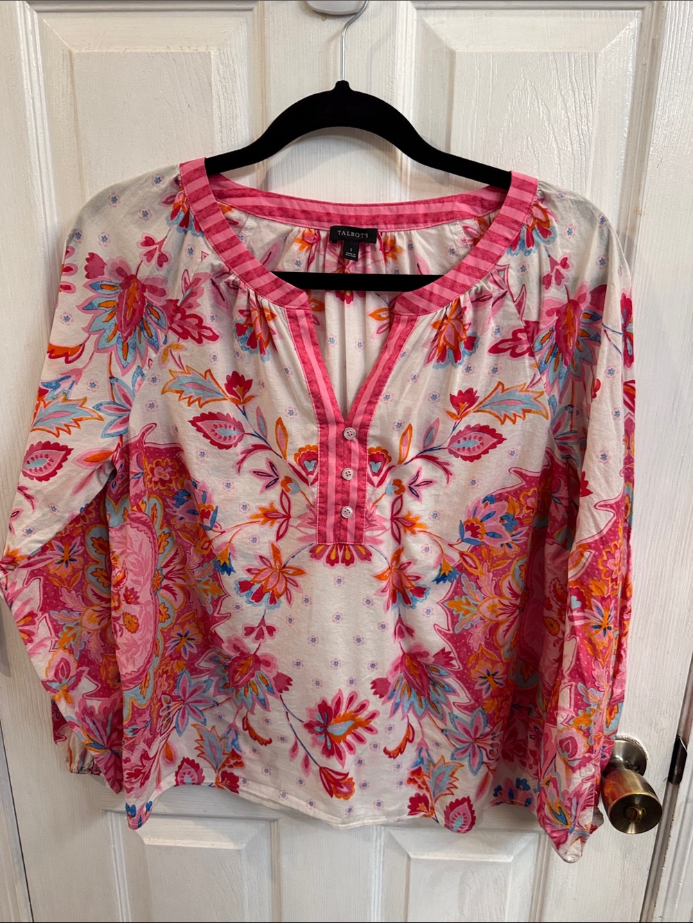 Talbots Pink Floral Henley Blouse with Coral Accents